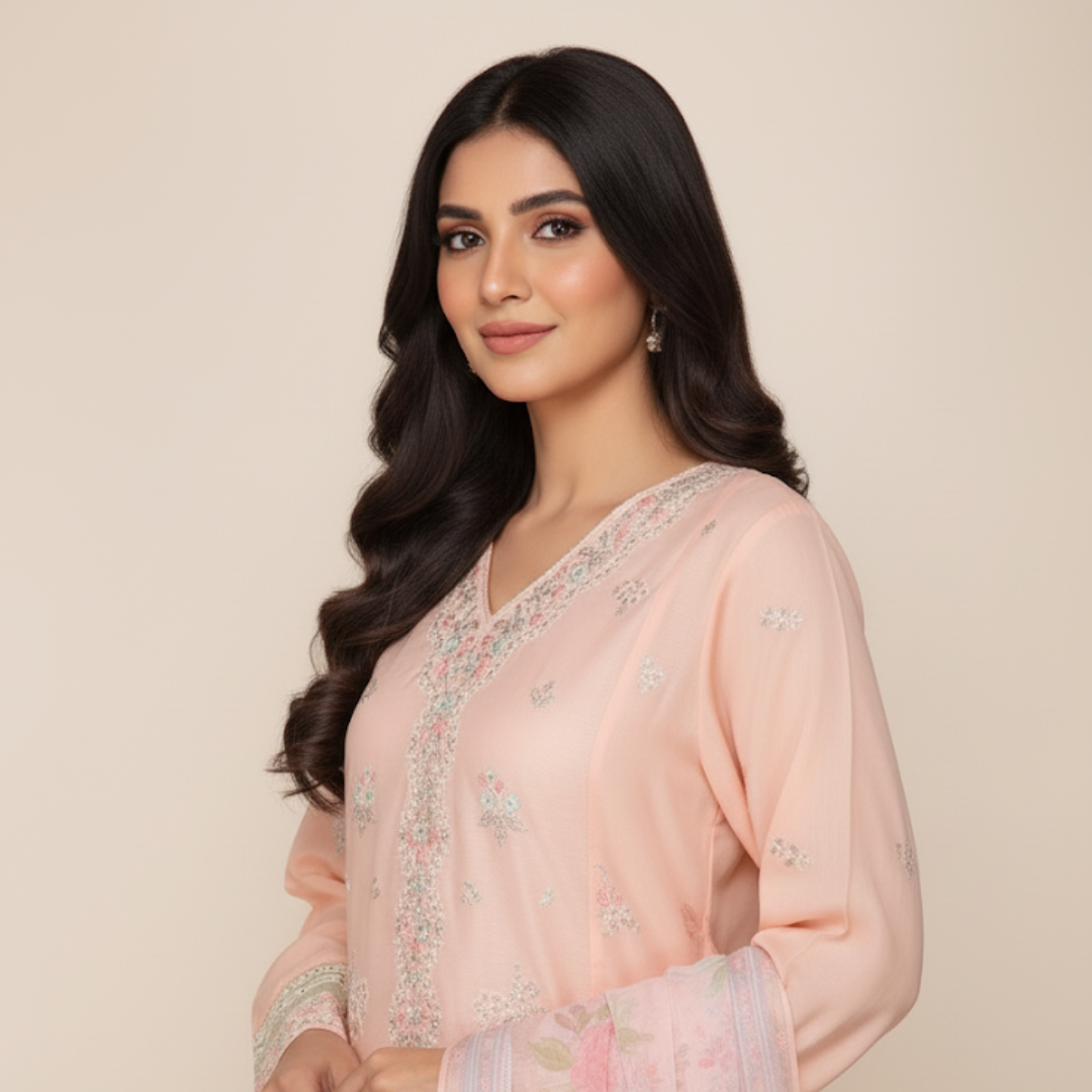 Pastel Peach Floral Embroidered Suit Set