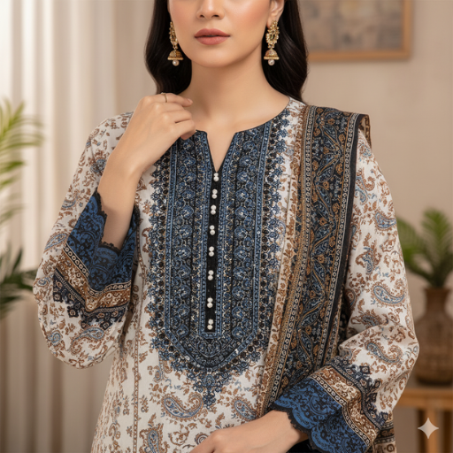 Brown & Blue Printed Pakistani Suit