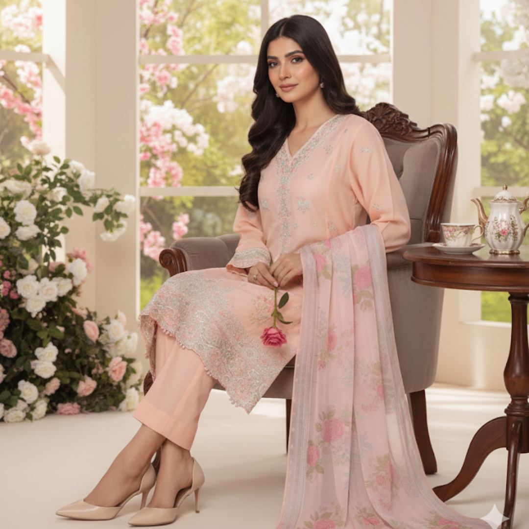 Pastel Peach Floral Embroidered Suit Set