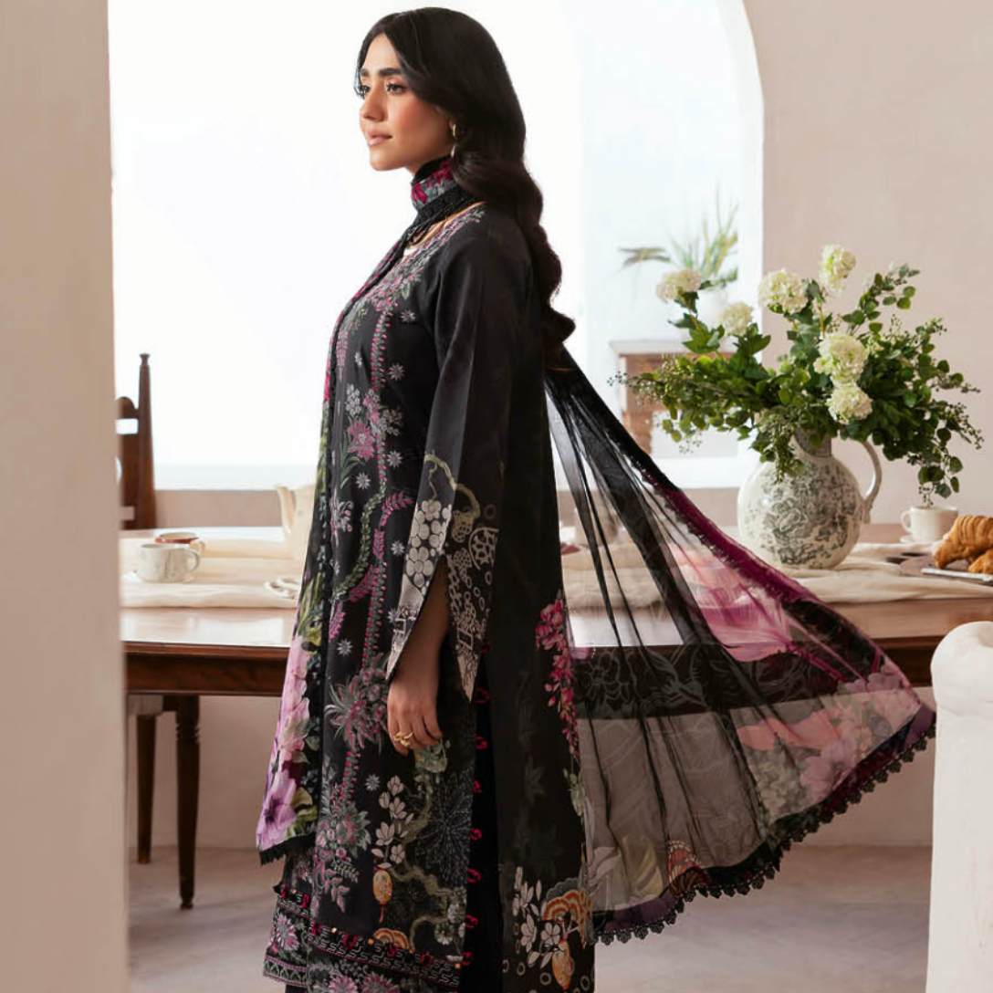 Noir Bloom Floral Suit with Lace Bell Sleeves