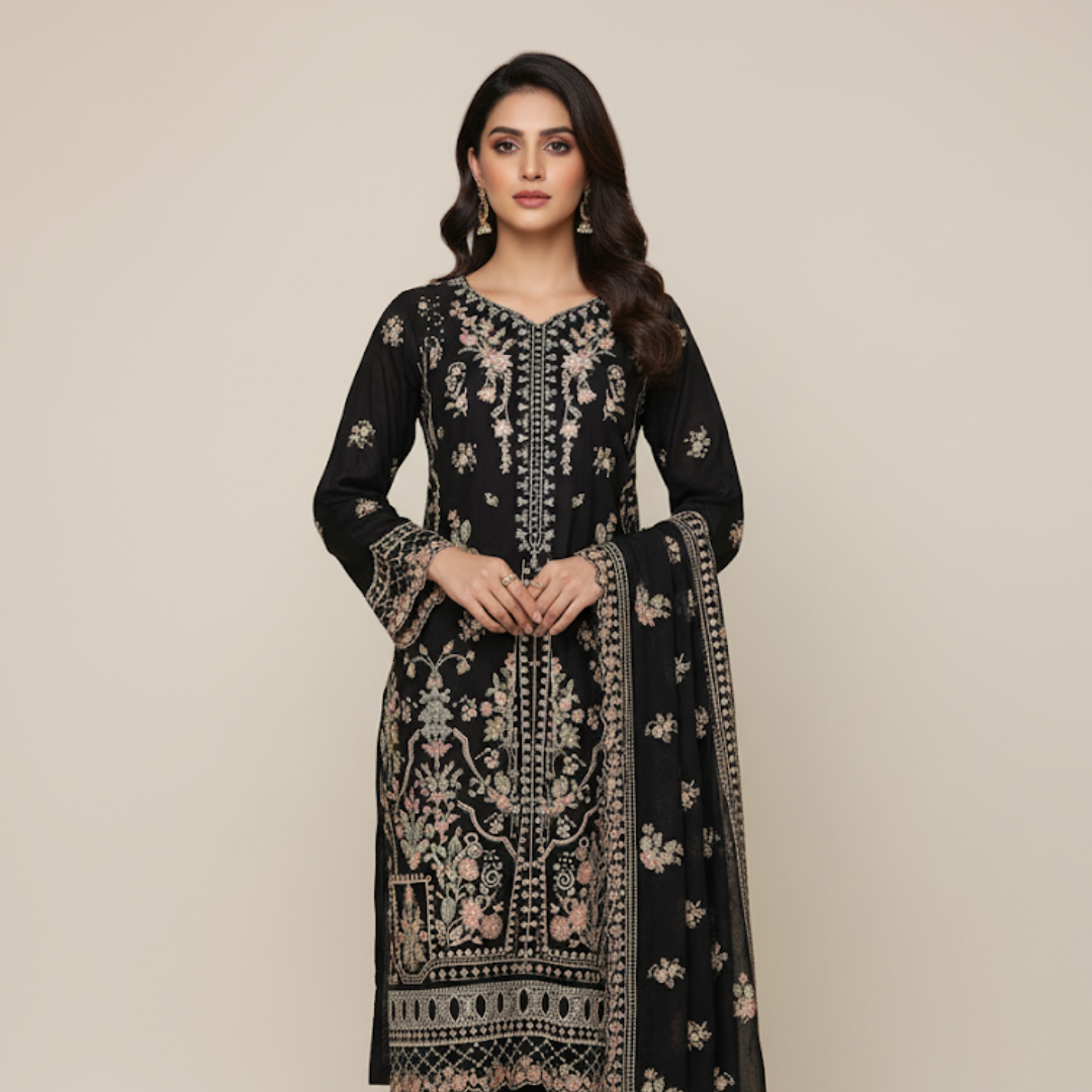 Midnight Bloom Embroidered Black Suit Set