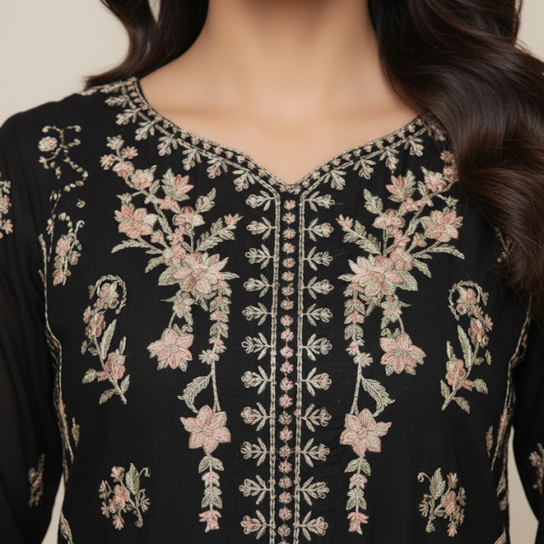 Midnight Bloom Embroidered Black Suit Set