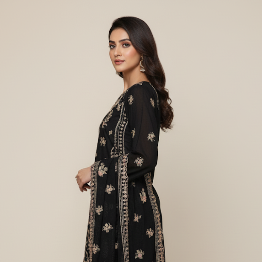 Midnight Bloom Embroidered Black Suit Set