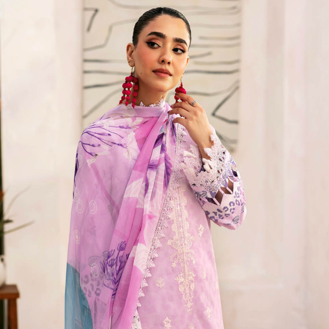 Ethereal Lavender Printed Suit with Designer Neckline