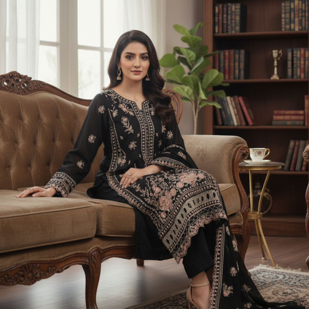 Midnight Bloom Embroidered Black Suit Set