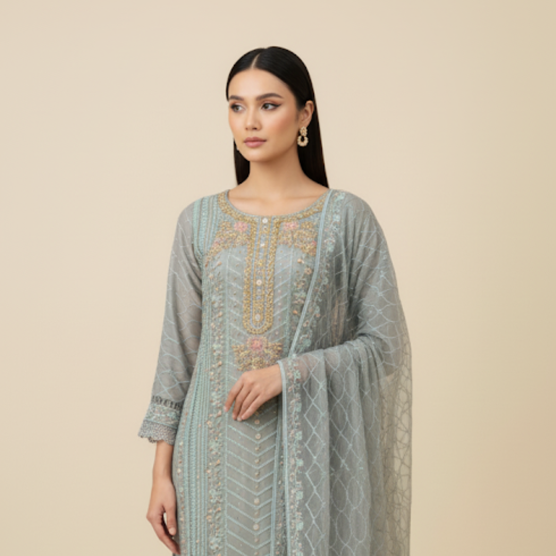 Frost Blue Embroidered Elegance