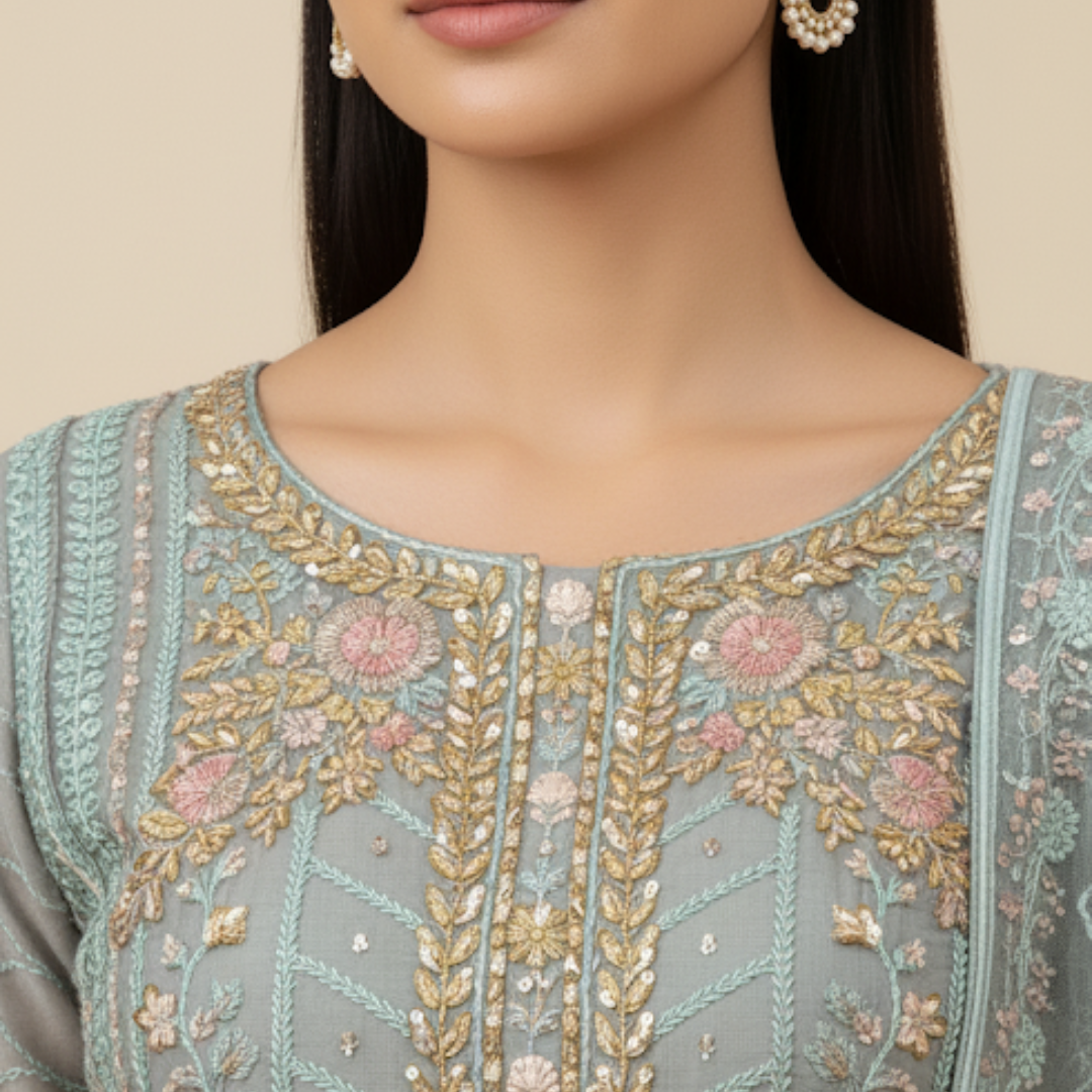 Frost Blue Embroidered Elegance