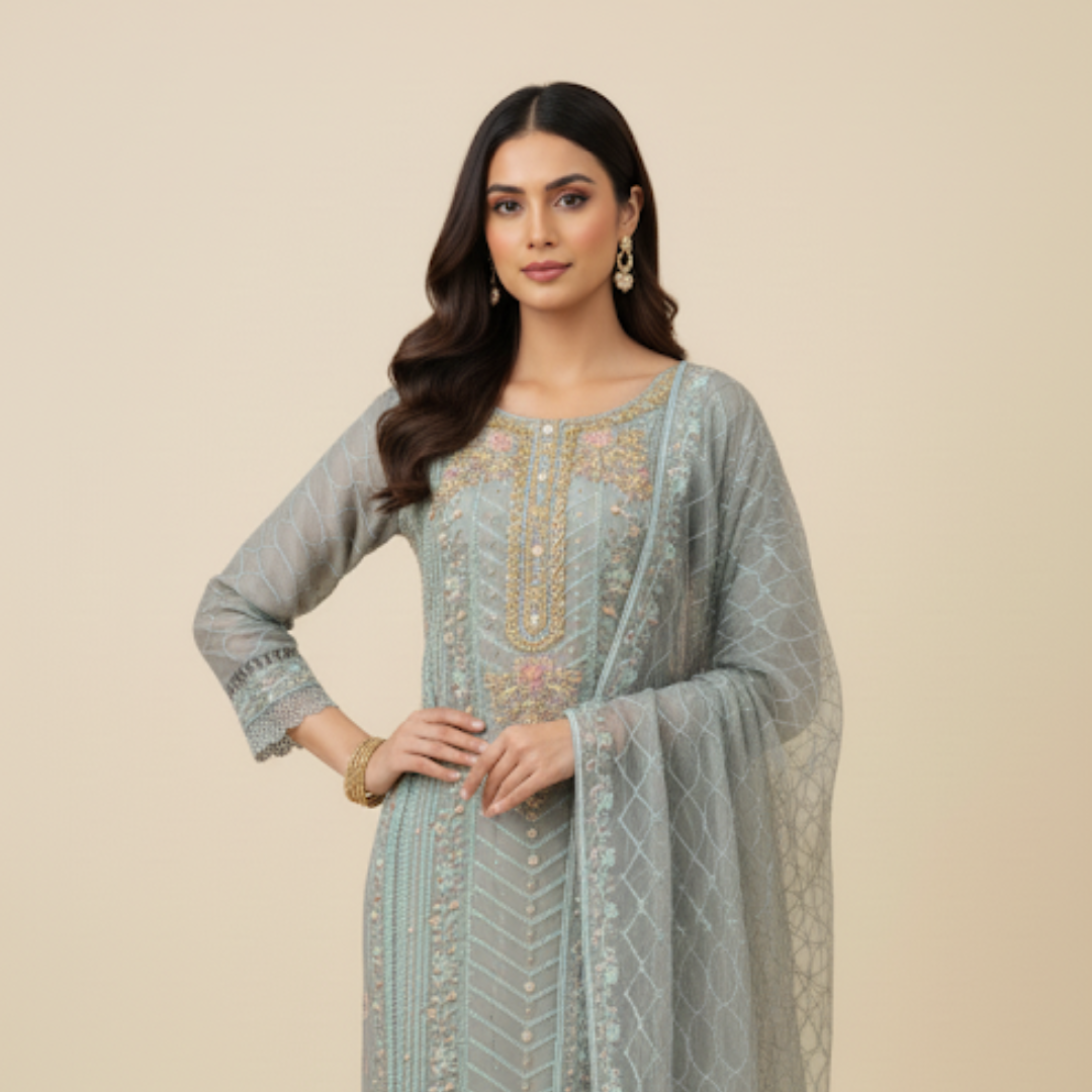Frost Blue Embroidered Elegance
