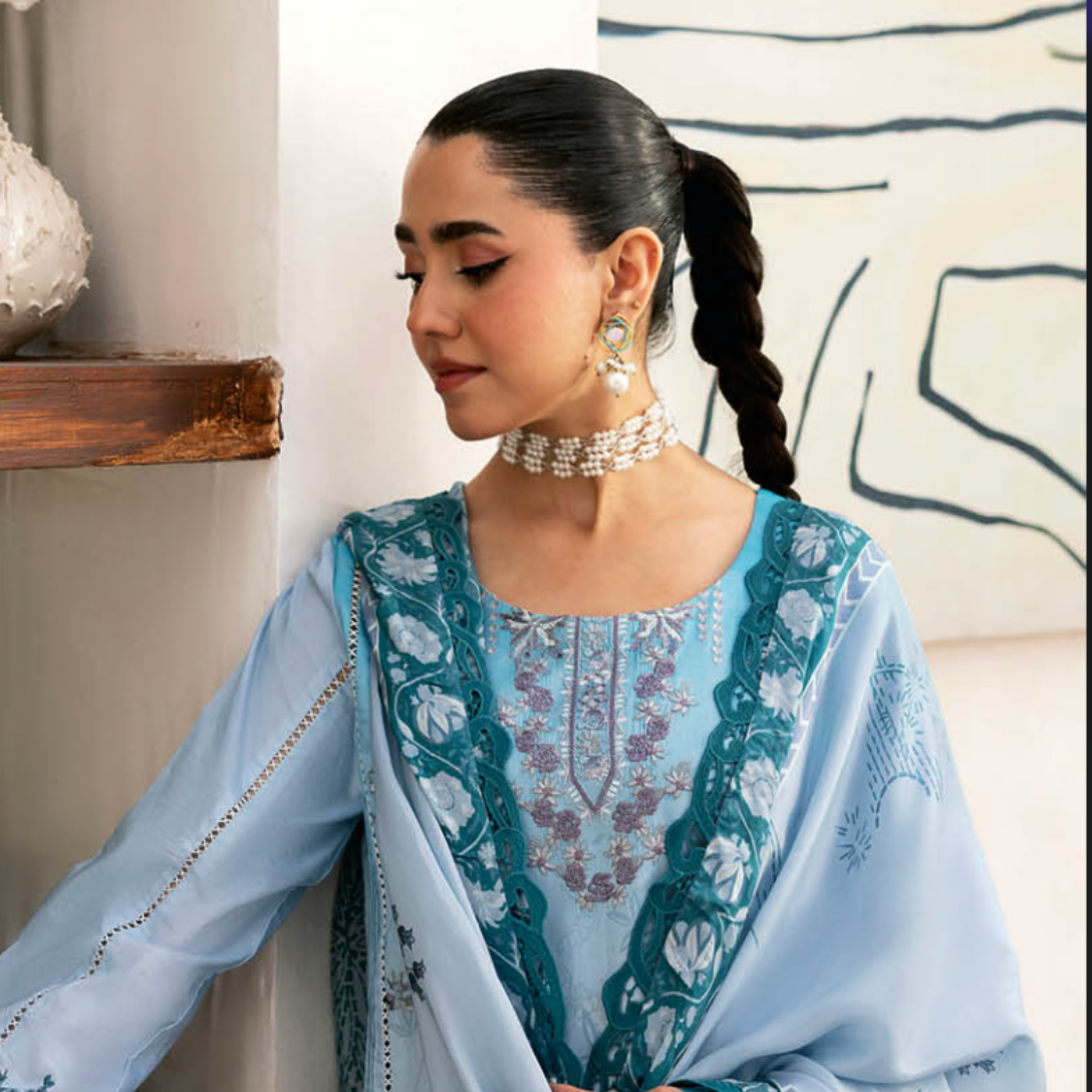 Serene Sky Blue Suit with Teal Floral Embroidery