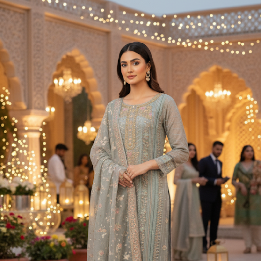 Frost Blue Embroidered Elegance