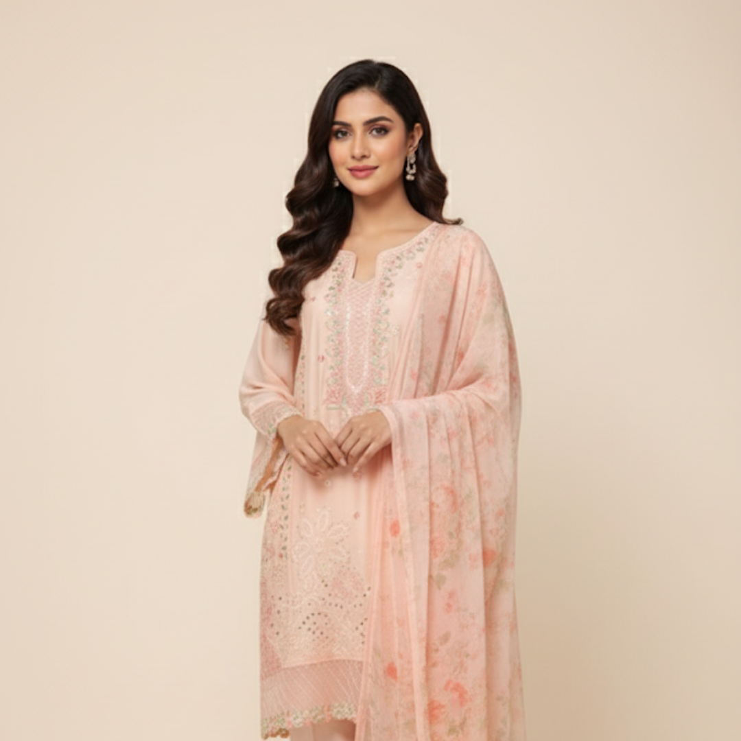 Delicate Peach Embroidered Suit with Floral Printed Dupatta