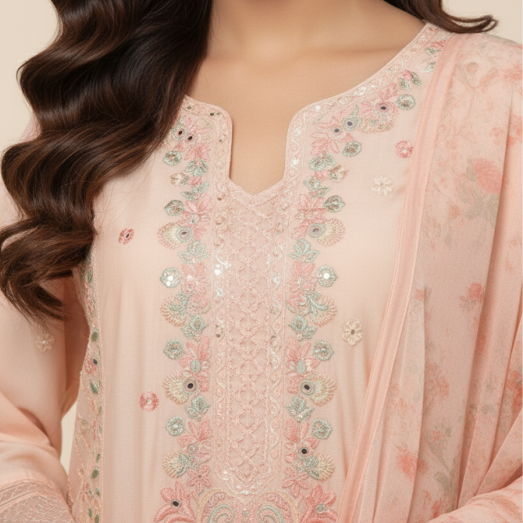 Delicate Peach Embroidered Suit with Floral Printed Dupatta