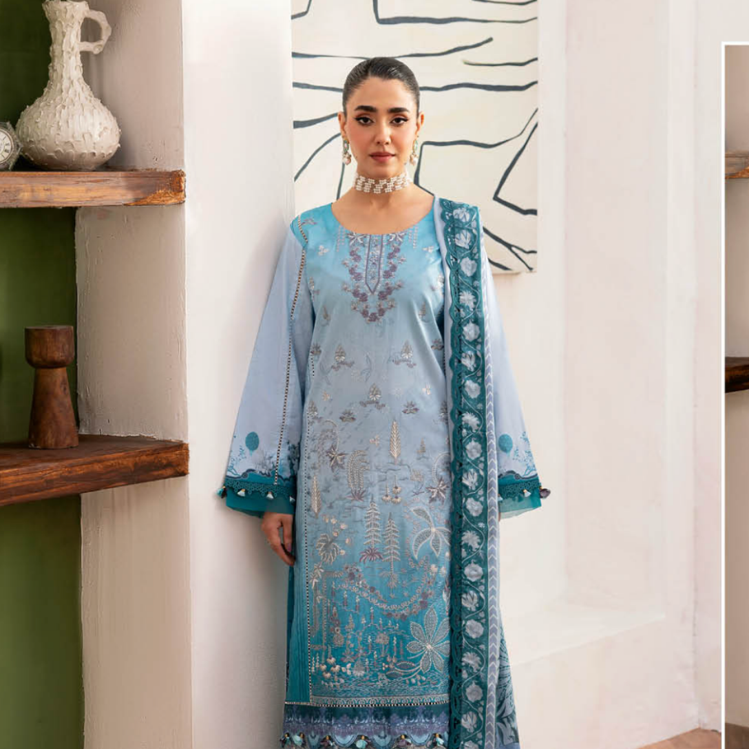 Serene Sky Blue Suit with Teal Floral Embroidery