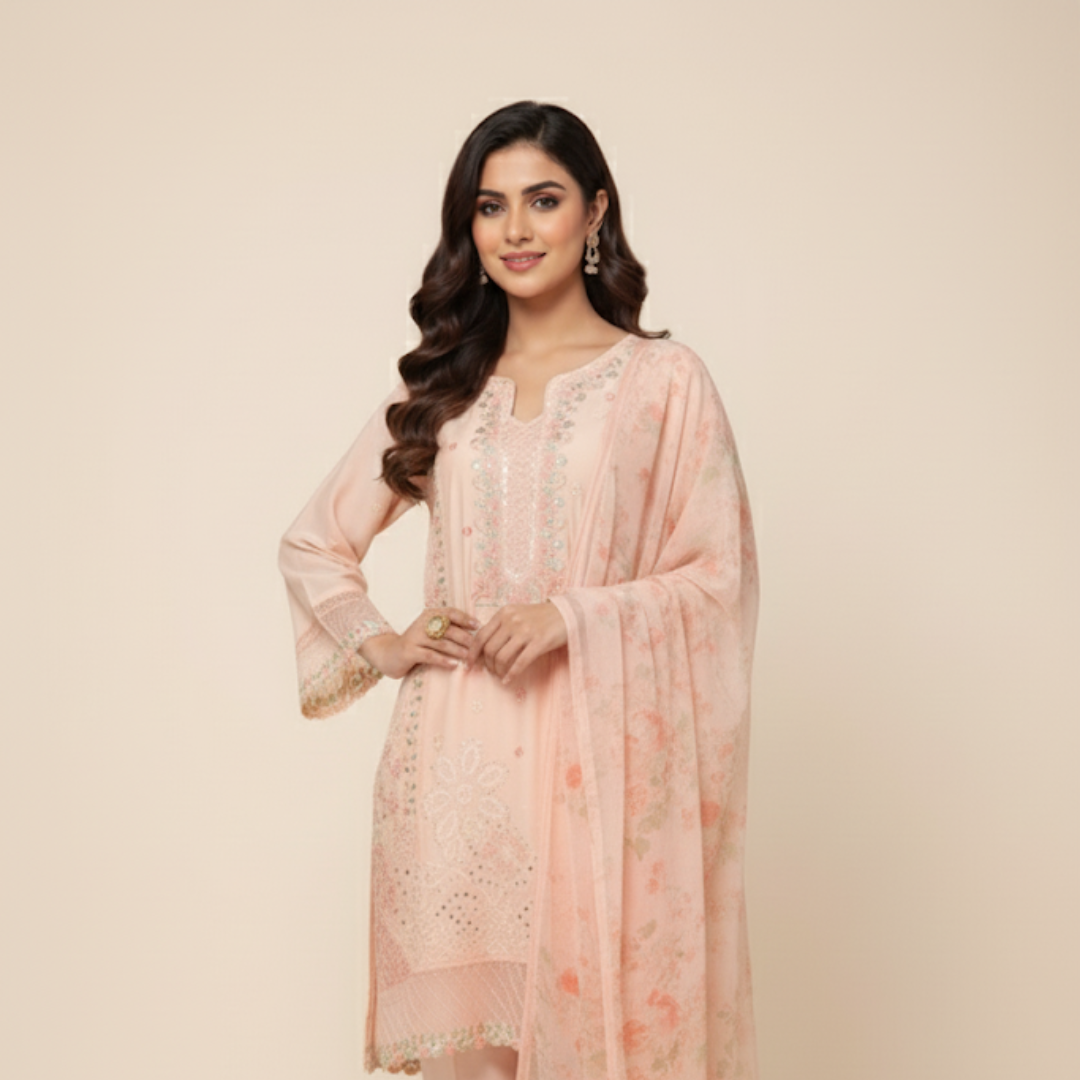 Delicate Peach Embroidered Suit with Floral Printed Dupatta