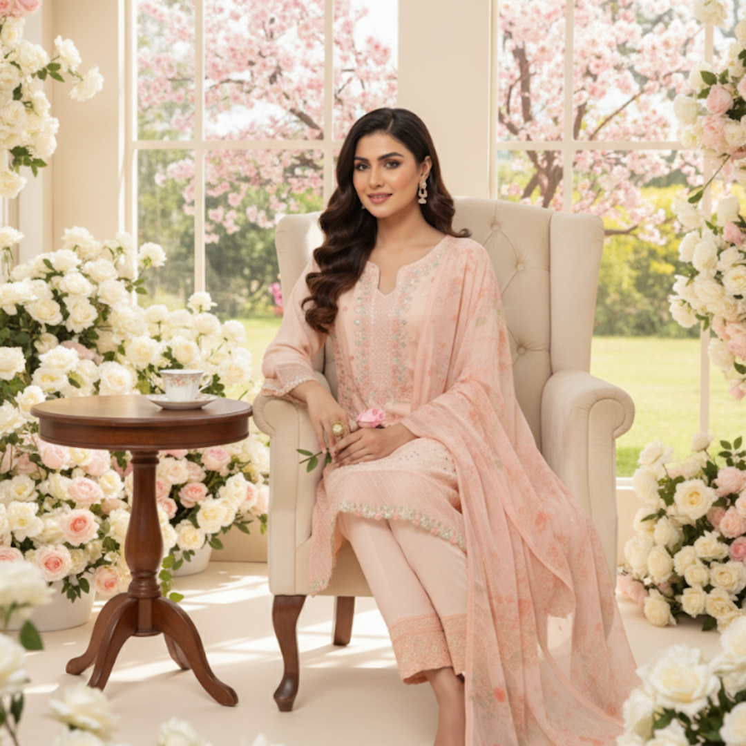 Delicate Peach Embroidered Suit with Floral Printed Dupatta