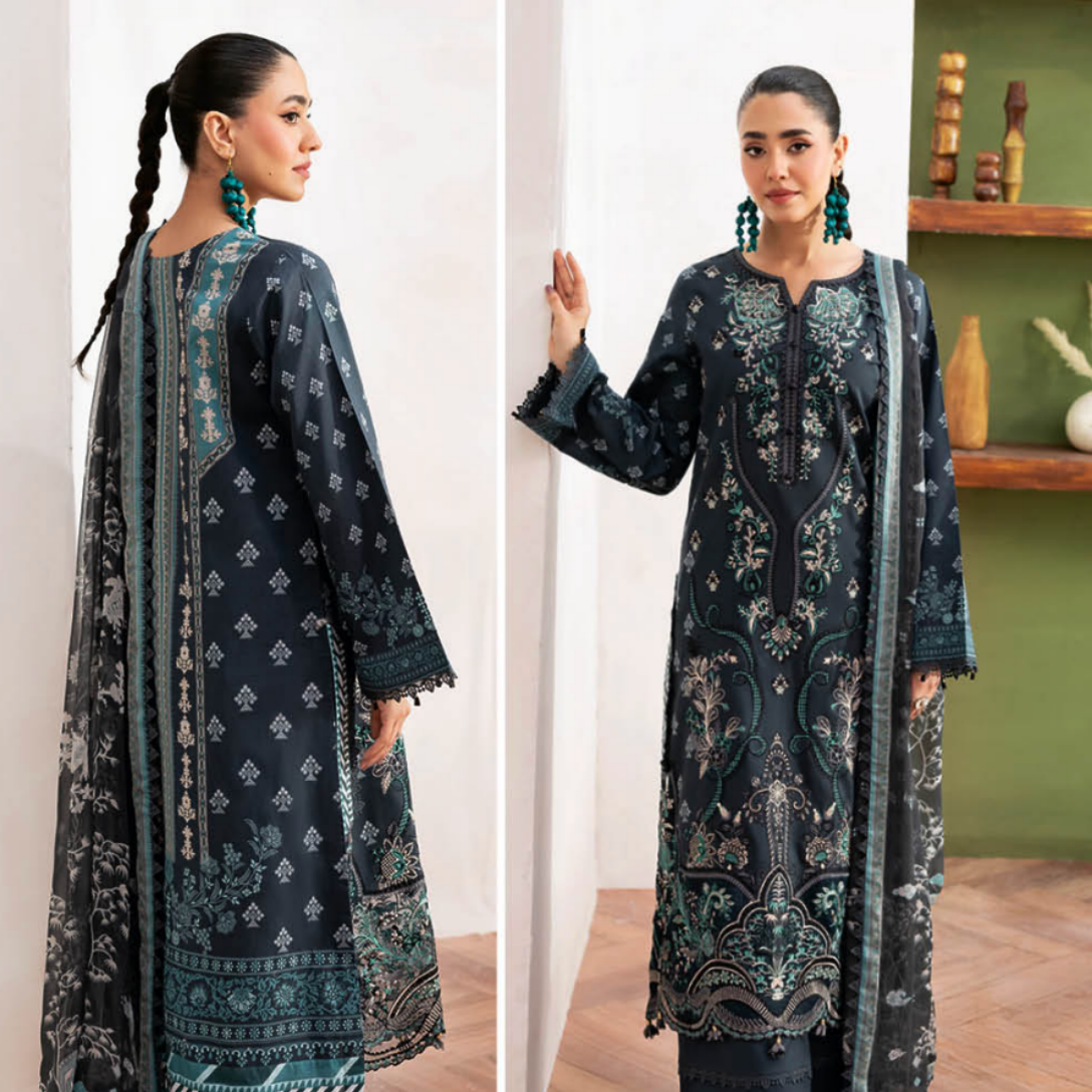 Mystic Charcoal - Teal Printed Suit Set