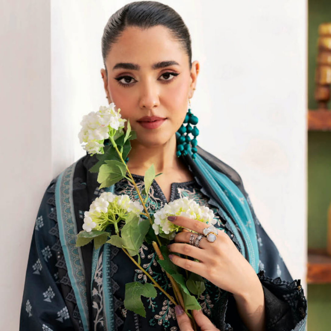 Mystic Charcoal - Teal Printed Suit Set