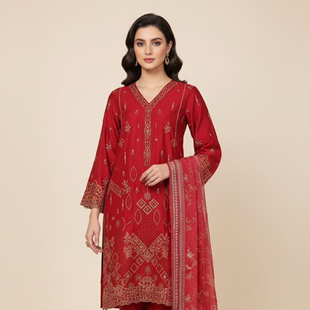 Regal Crimson Embroidered Suit Set