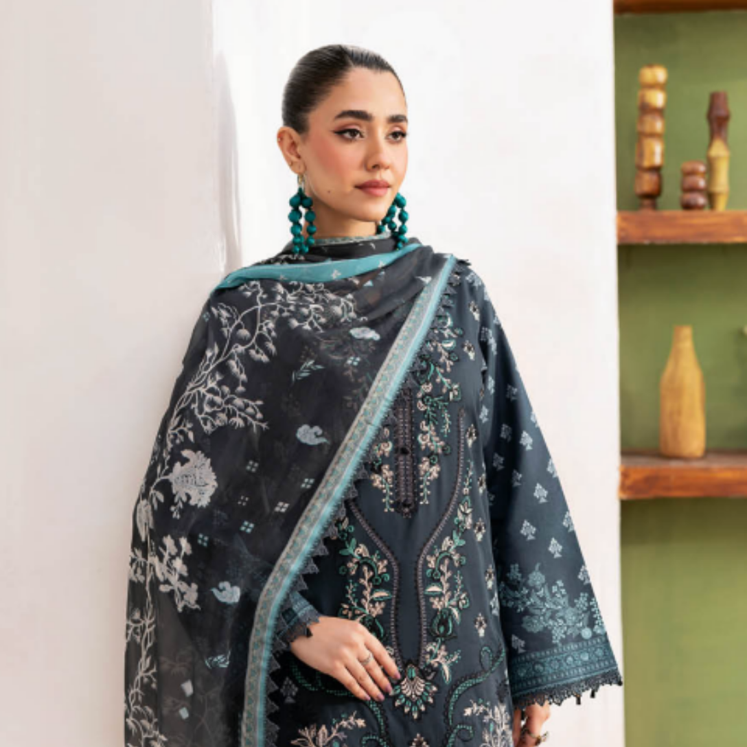 Mystic Charcoal - Teal Printed Suit Set