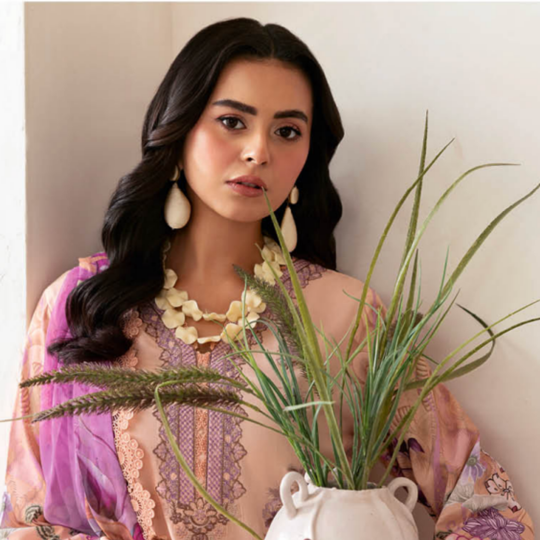 Blushing Peach Floral Suit with Intricate Lace Detailing