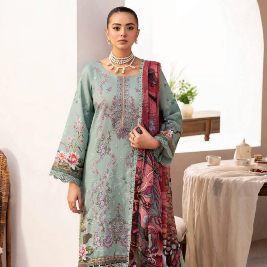 Sage Green Floral Suit with Vivid Artistic Dupatta