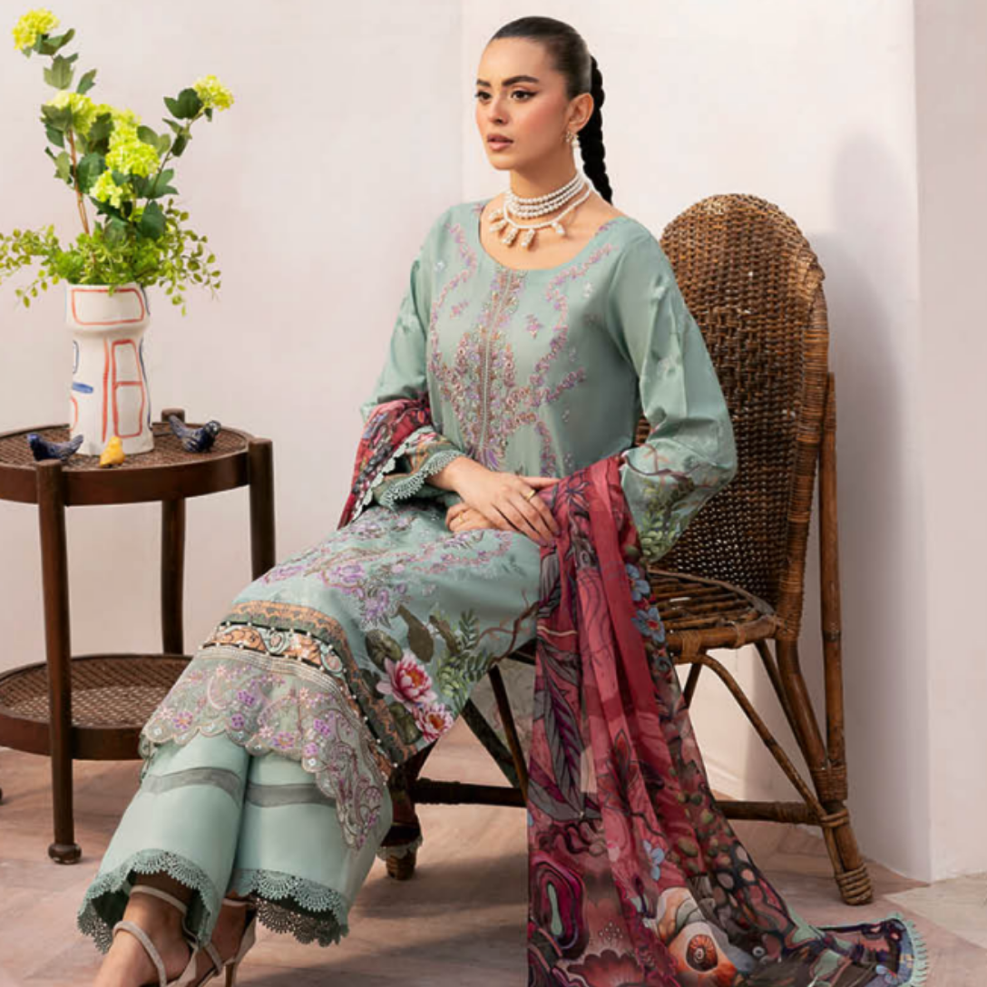 Sage Green Floral Suit with Vivid Artistic Dupatta