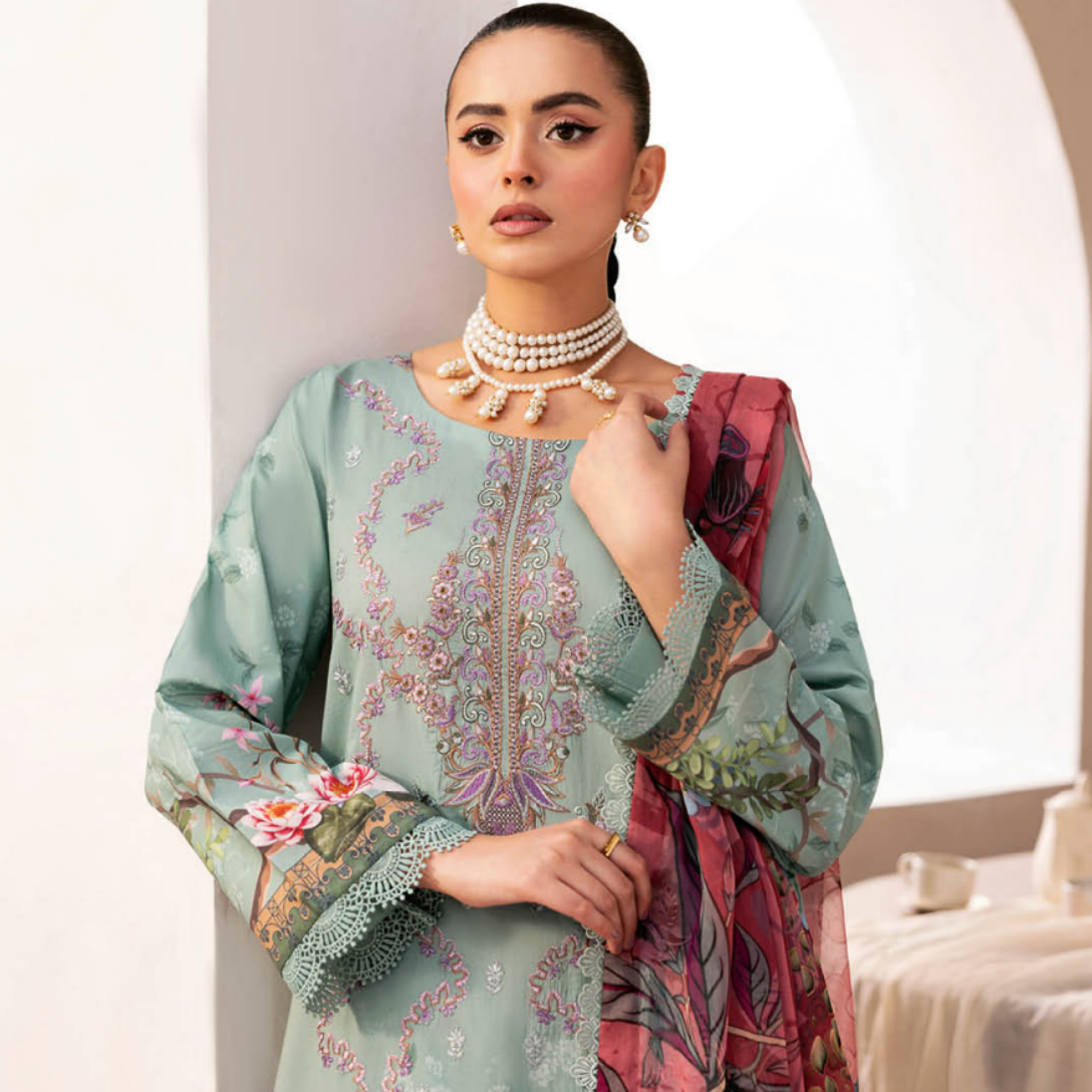 Sage Green Floral Suit with Vivid Artistic Dupatta