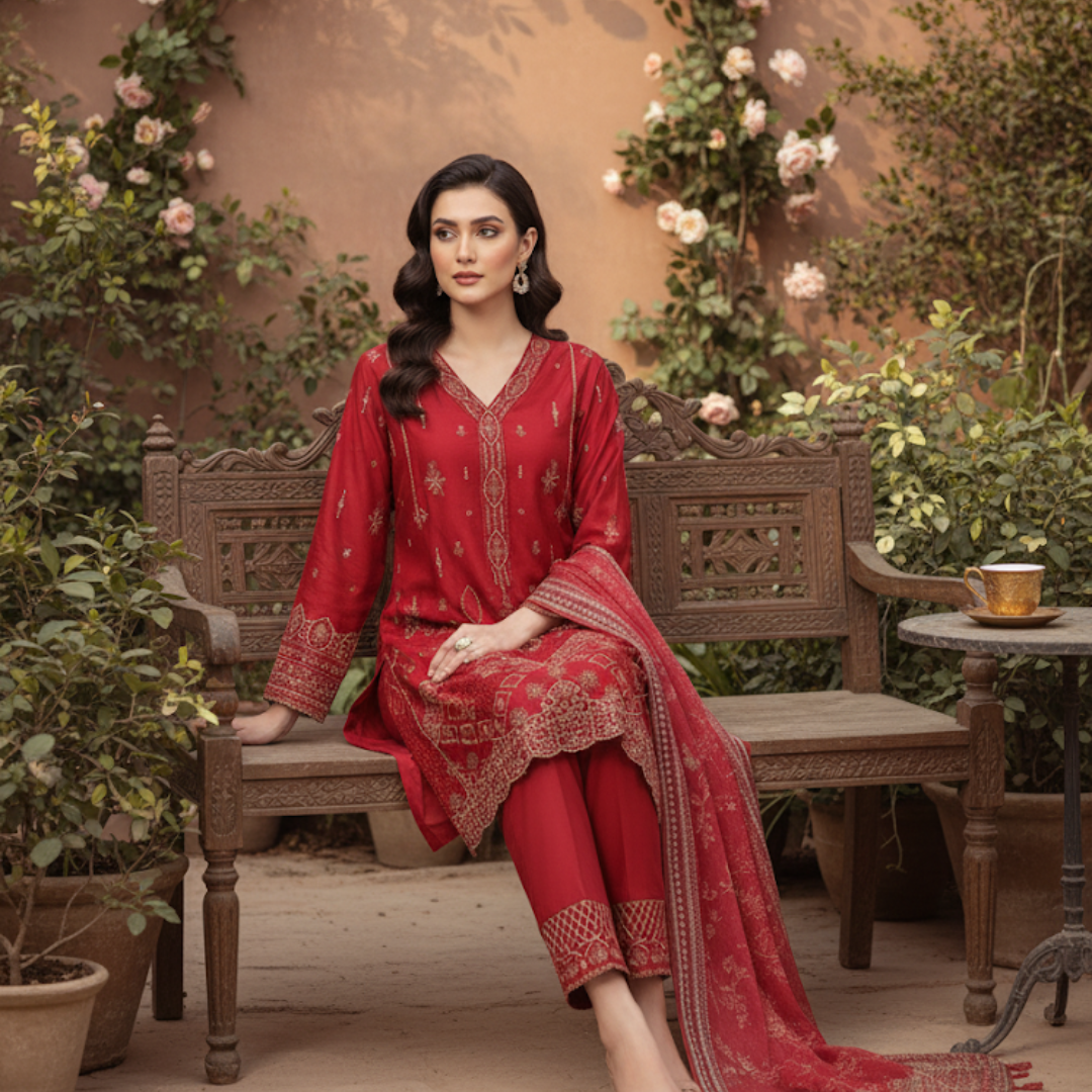 Regal Crimson Embroidered Suit Set