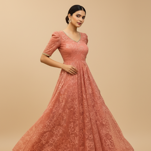 Peach Embroidered Long Gown