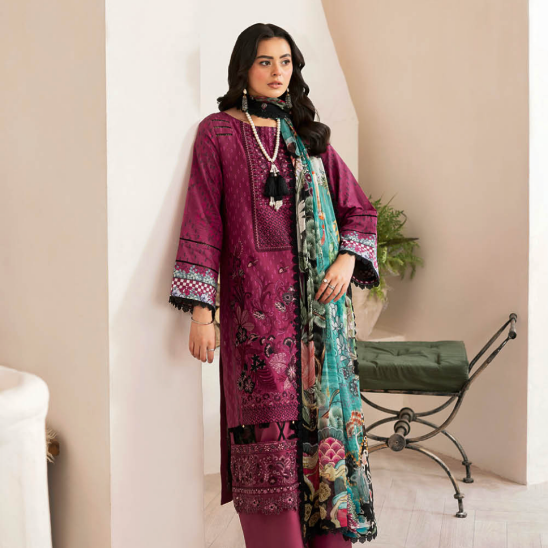 Royal Berry Textured Suit with Artistic Printed Dupatta