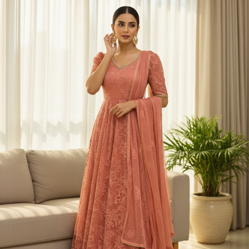 Peach Embroidered Long Gown