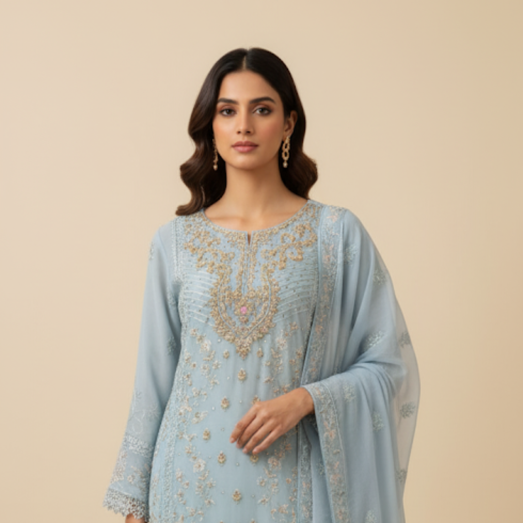 Sky Serenity Embroidered Suit