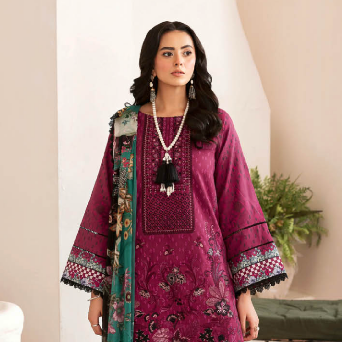 Royal Berry Textured Suit with Artistic Printed Dupatta