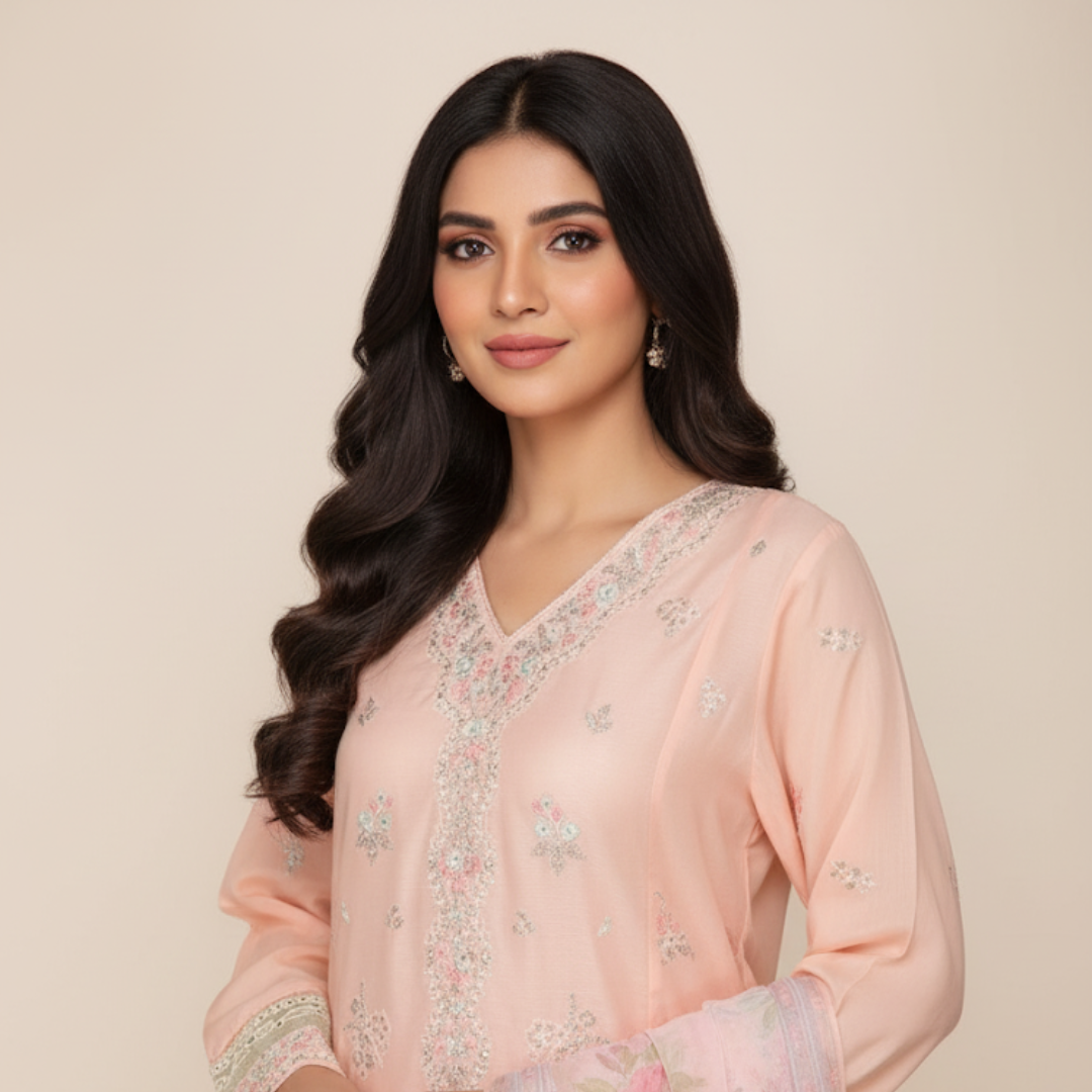 Pastel Peach Floral Embroidered Suit Set