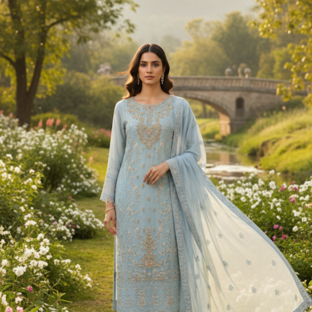 Sky Serenity Embroidered Suit