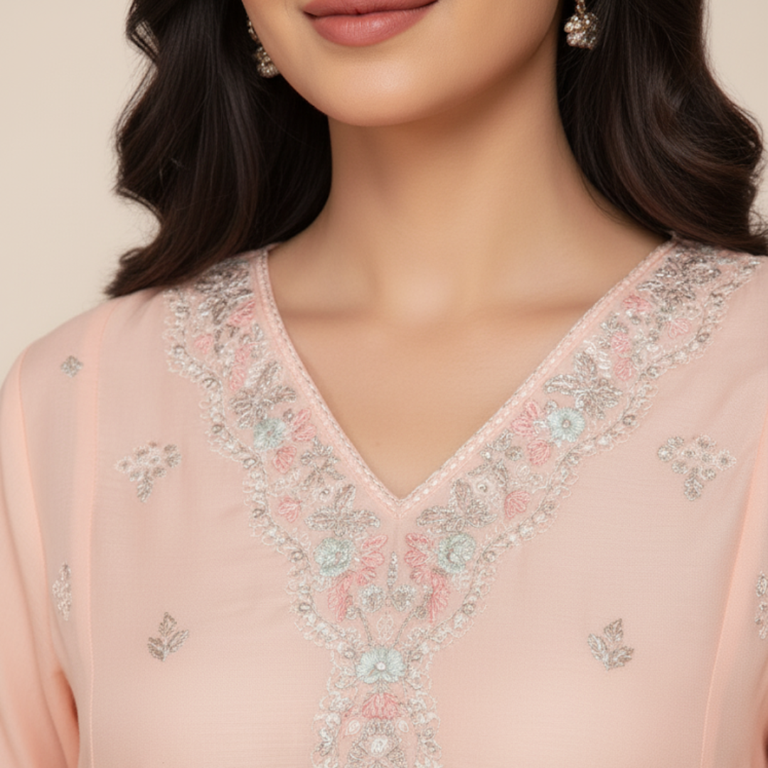 Pastel Peach Floral Embroidered Suit Set